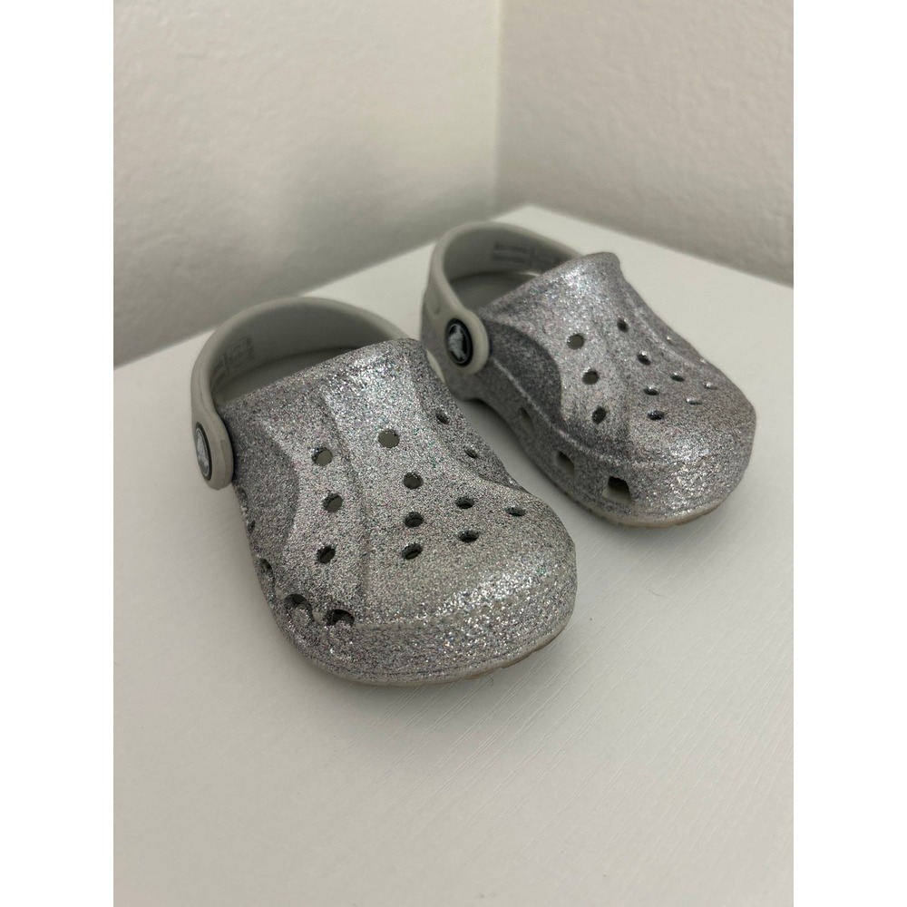 Little Kid Silver Glitter Crocs Sandals 6c Excellent Condition